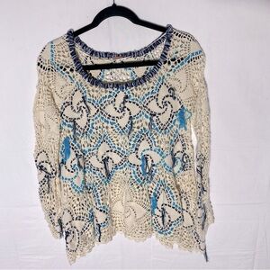Vintage Y2K Free People Ecru Blue Open Knit Scoop Neck Waterfall Hem Sweater XS
